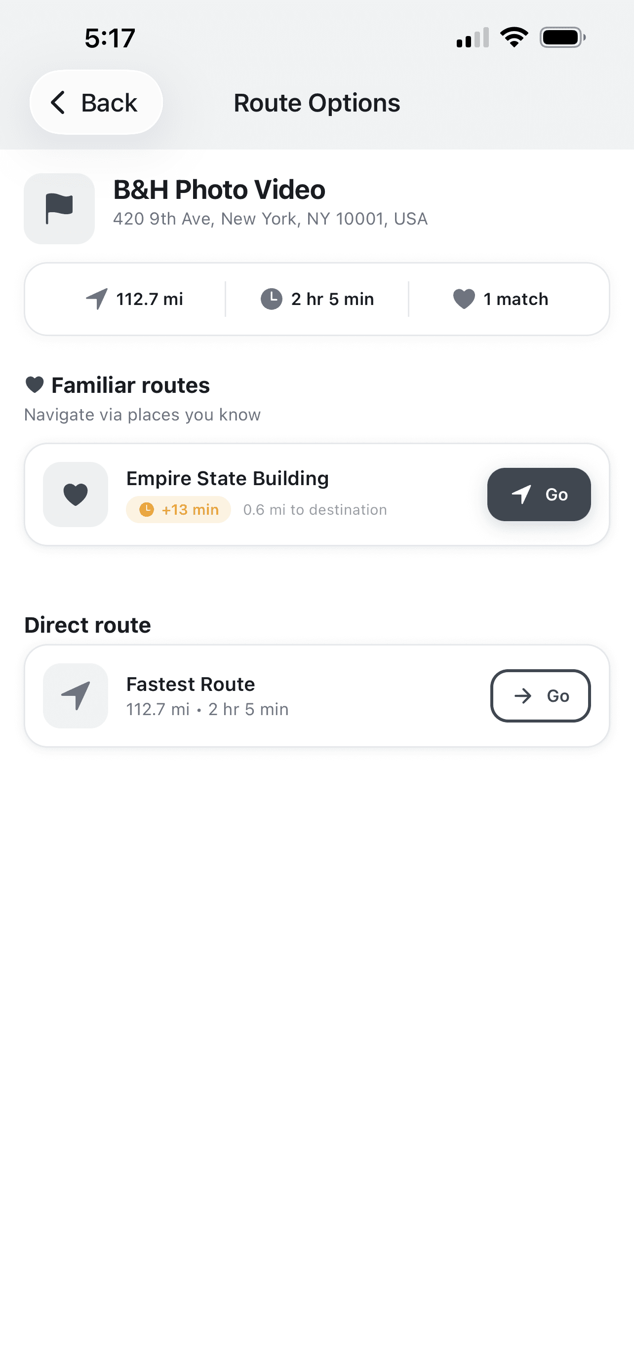 Route Options - Choose familiar or fastest route